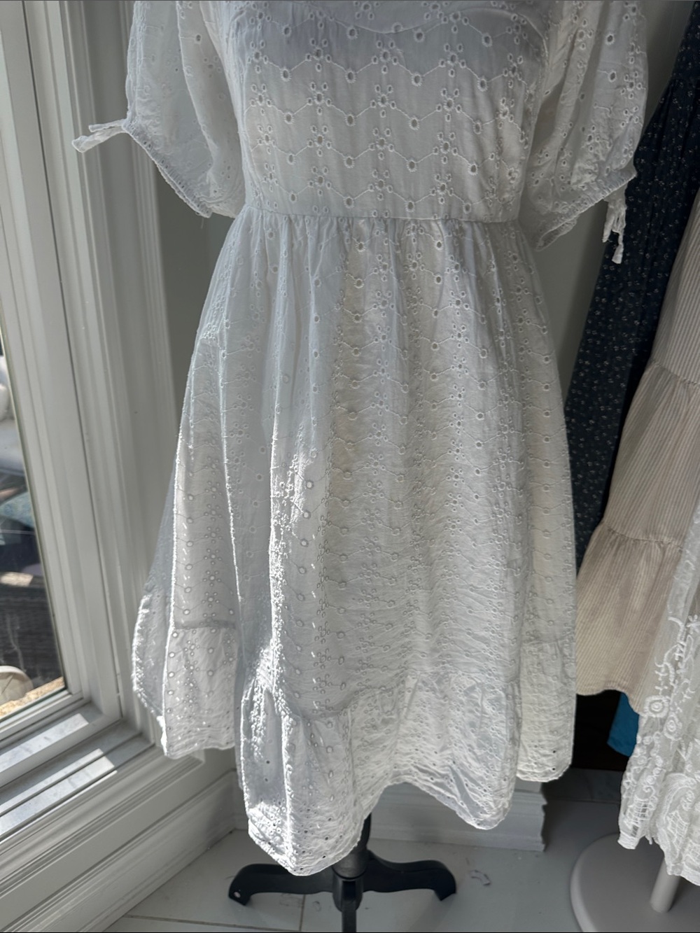 VERTICHE White Eyelet Puff-Sleeve Square Neck Babydoll Dress Cotton Size Large - Picture 4 of 16